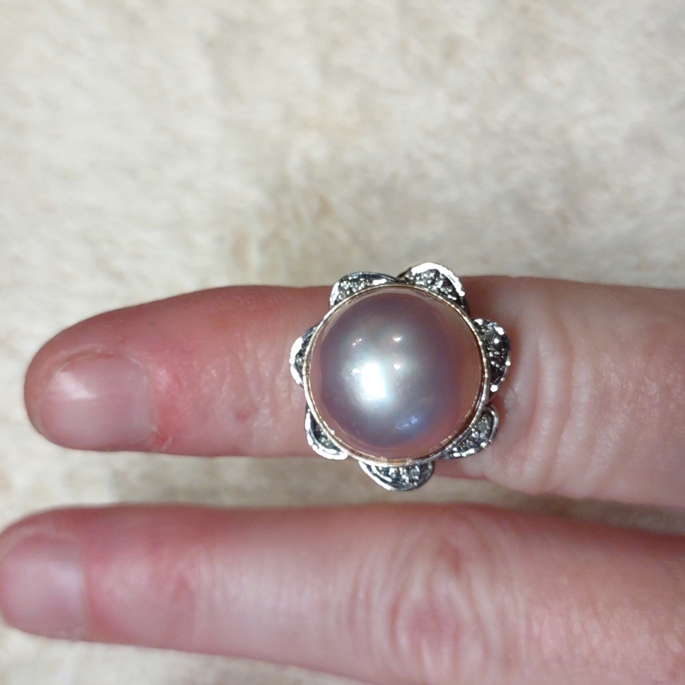Pink Mabe Pearl Ring White Gold Accents, Pinpoint Diamonds, 14kt Yellow Gold